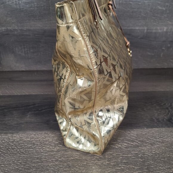 Michael Kors MK Logo Mirror Metallic Gold Monogram Luxury Tote Bag Purse Large - Picture 4 of 13